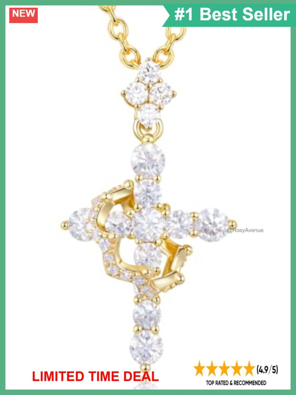 Sterling Silver Moissanite Cross Crown Pendant Necklace